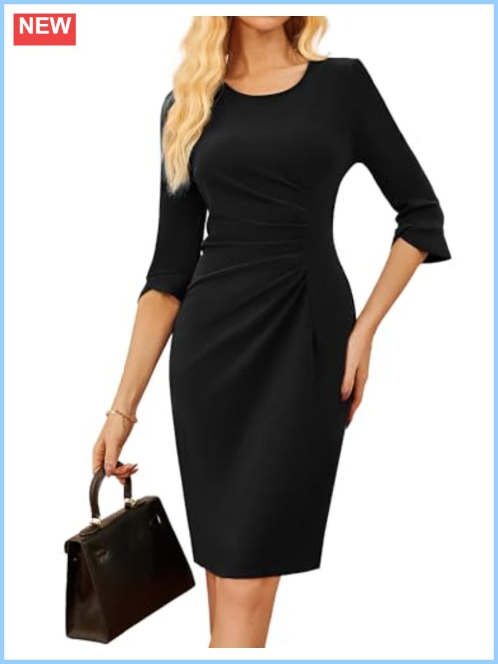 Work Sheath Dress 3/4 Sleeve Ruched Bodycon Business Cocktail Knee-Length